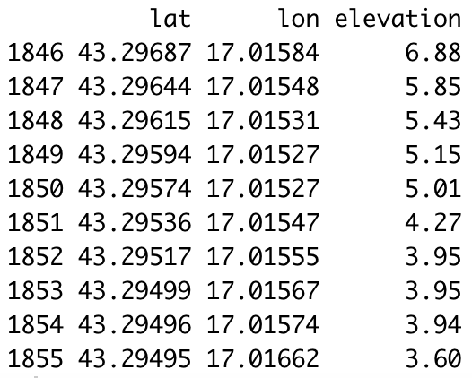 Image 4 - Last 10 rows of the GPX file